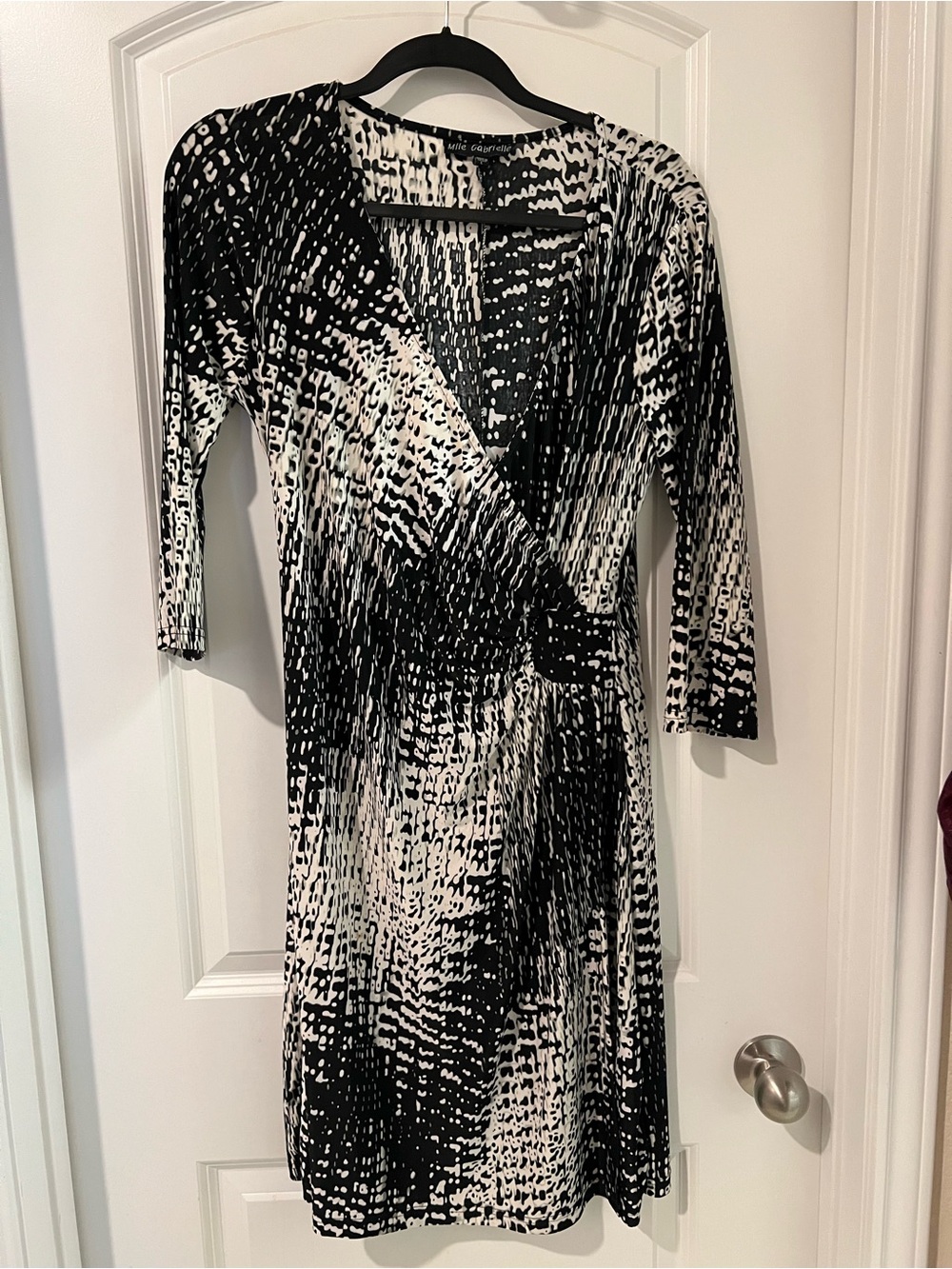 Mlle Gabrielle Black and White Abstract Wrap Midi Dress